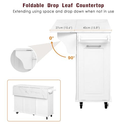 Kitchen Island with Trash Can Storage Cabinet and Faux Marble Top | White, 50.7" Rolling Kitchen Cart on Wheels with Drop Leaf, Spice Rack, Towel Rack and Adjustable Shelf for Dining Room - color: White