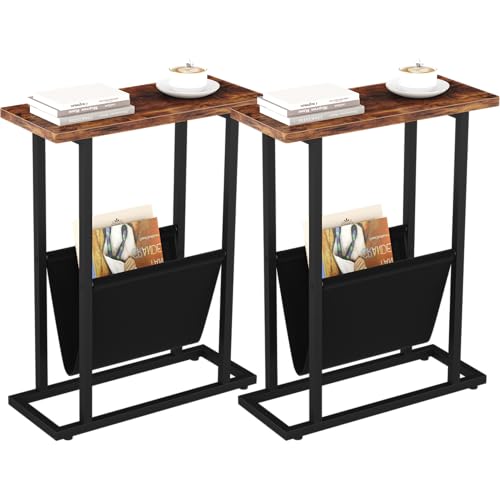 Yusong Narrow Side Table for Small Spaces, Small End Table Set of 2 with Magazine Holder, Skinny Slim Little Thin Table for Living Room, Bedroom, Sofa, Rustic Brown - color: Rustic Brown, size: 16.5"W 2pcs