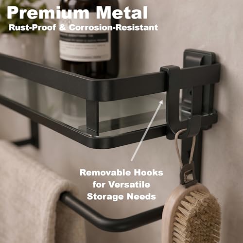 VOLPONE Glass Shelf for Bathroom 15.7 in Black Bathroom Shelves Wall Mounted Tempered Glass Shelving with 4 Removable Hooks (2 Tier) - style: 2 tier with towel hooks-black