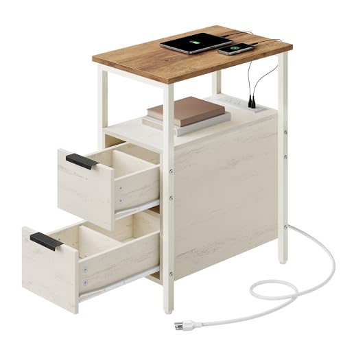 VASAGLE Side End Table with Charging Station, Slim Nightstand with 2 Drawers, Narrow Bedside Table for Living Room, Small Spaces, 18.9 x 11.8 x 24 Inches, Honey Brown and Rustic White ULET324W101S - color: Honey Brown + Rustic White, size: 18.9"D x 11.8"W