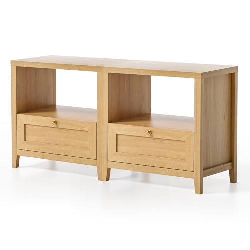 EYYTHUNG Wooden Nightstands Set of 2 with Drawer Modern 24" Wide End Table Night Stand Large Farmhouse Bedside Table with Open Shelf Mid Century Night Stands for Sofa, Natural Oak - color: Natural Oak, size: 2 PCS