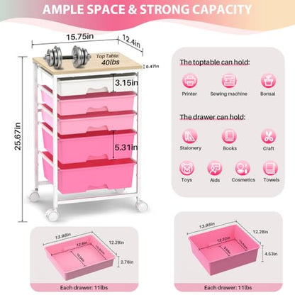 Goovilla Rolling Cart with Drawers, Utility Cart Organizer with 5 Removable Drawers and Wooden Tabletop, Lockable Rolling Storage Organizer for Art, Classroom, Home, Dorm, Office, Craft Storage, Pink - size: Pink