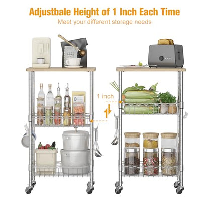 Homeiju Rolling Kitchen Storage Cart, 3-Tier Storage Rack on Caster Wheels with Adjustable 2 Baskets, Coffee Station Cart Rack Shelf Organizer for Living Room Office, Balcony, Chrome/Silver