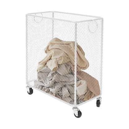 Laundry Hamper with Wheels, Rolling Laundry Basket Cart, Rectangular Metal Mesh Clothes Hamper with Metal Pull Handle for Laundry Room and Bedroom, White, 16.9" x 9" x 17.7" - color: White, size: 26.77 x 21.5 x 26in