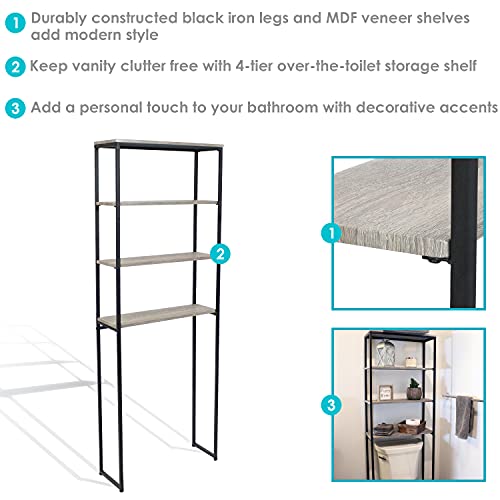 Sunnydaze 69-Inch 4-Tier Over-the-Toilet Shelf - Open Shelves, Veneer Finish and Black Iron Frame - Oak Gray - color: Oak Gray