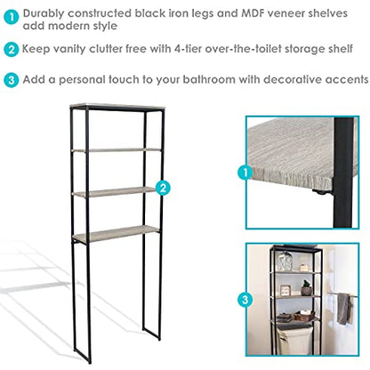 Sunnydaze 69-Inch 4-Tier Over-the-Toilet Shelf - Open Shelves, Veneer Finish and Black Iron Frame - Oak Gray - color: Oak Gray