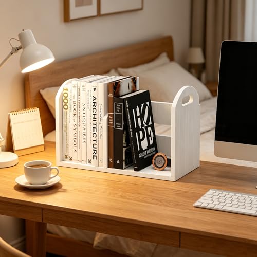 100% Solid Wood Adjustable Desktop Bookshelf, Retro Tabletop Book Shelf File Holder, Vertical Bookshelf Divider Desk Shelf for Home School Office Organization, Perfect for Books Magazine (White) - color: White