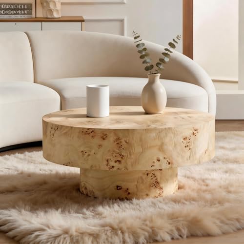 Coffee Table Round Wood 31.49" W X 13.77''h for Living Room Small Short Modern Coffee Tables Natural Burl Circle Drum Tea Center Cocktail Fluted Handcraft Home Furniture for Apartment Easy Assembly - color: 31.5 Natural Burl