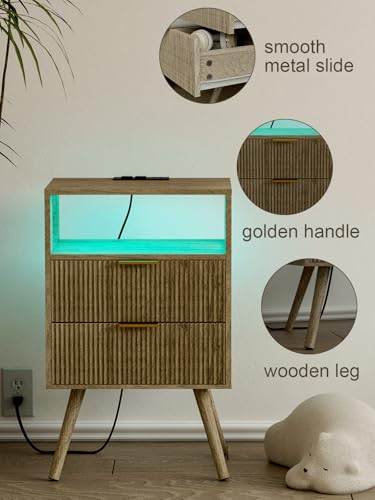 Leomonio Nightstand with Charging Station and LED Lights, Modern Bedside Table with 2 Storage Drawer and Open Wood Shelf for Bedroom and Small Spaces, Night Stand with Solid Wood Legs - color: Grey Oak-outlet