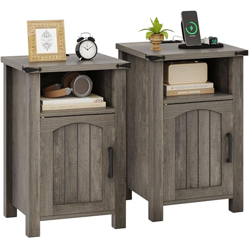 Farmhouse Nightstand with Charging Station, Set of 2 End Table with USB/Type-C Ports and Power Outlets, Rustic Bedside Table with Large Storage and Open Shelf, Modern Side Table for Bedroom, Gray - color: Misty Gray