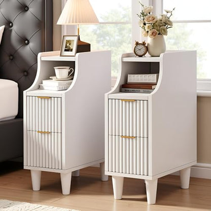 7.9" Narrow Fluted Nightstand Set of 2,Slim Side End Table with 2 Drawers,Black Modern Bedside Table,Skinny Night Stand for Small/Compact Space, Motorhome (White) - color: White