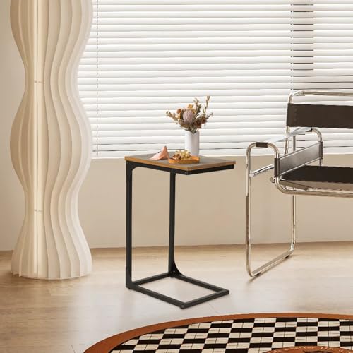 FDW C-Shaped End Table Wooden Top Side Table Adjustable Feet Small Cough Table Bedside End Table with Metal Frame for Bedroom Living Room,Set of 2,Brown - color: Brown
