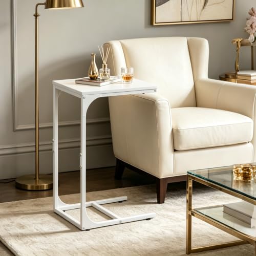 WLIVE C Shaped End Table, Small Couch Side Tables with Metal Frame, Sofa Table TV Tray for Living Room, Bedroom, White - color: White