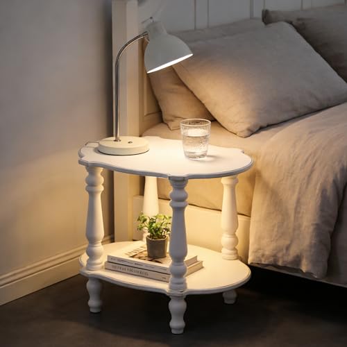 SOFE Elegant Scalloped Small White End Table, 18 Inches Tall Side Table, Farmhouse Wood End Table with Turned Legs for Living Room Bedroom, Rustic Nightstand with 2-Tier Storage for Books Plants Decor