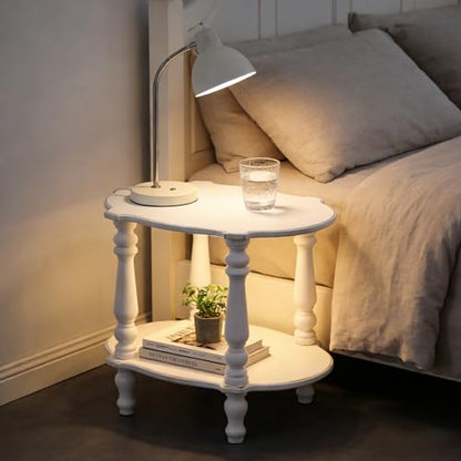SOFE Elegant Scalloped Small White End Table, 18 Inches Tall Side Table, Farmhouse Wood End Table with Turned Legs for Living Room Bedroom, Rustic Nightstand with 2-Tier Storage for Books Plants Decor