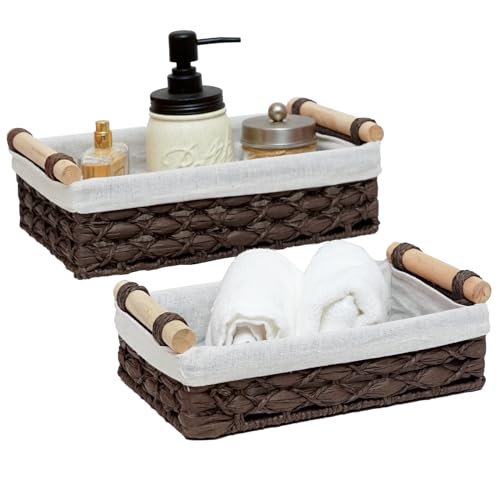 Storage Basket Wicker Baskets for Organizing with Handle Decorative Storage Bins for Countertop Toilet Paper Storage Basket for Toilet Tank Top Small Baskets Set (Set of 2) - color: Dark-Brown