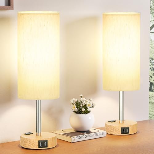 Small Touch Table Lamps Set of 2-3-Way Dimmable, USB A + C Charging, AC Outlet, Wood Grain Base, Bulbs Included - color: Cream - Wood Grain 2, size: 14" Touch Control
