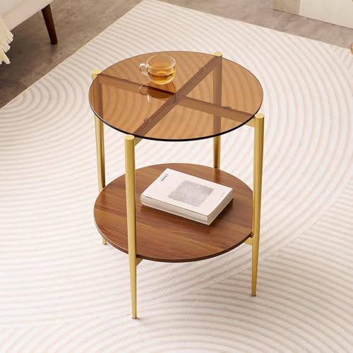 LumFurn Round Glass End Table, Mid-Century Modern Design Sofa Table for Living Room, D18 x H23, 2-Tier Structure, Amber Glass Top and Walnut Shelf, Sleek Conical Legs with Gold Finish Frame - color: Amber & Walnut, size: D18" Round End Table
