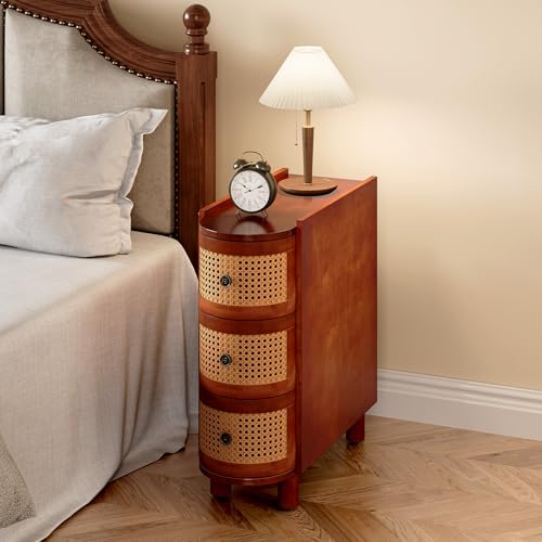 LITTLE TREE Solid Wood End Table, Rattan Narrow Side Table with 3 Drawers | Nightstand Bedside Tables for Living Room, Bedroom, Office, Bathroom, Brown - color: Brown