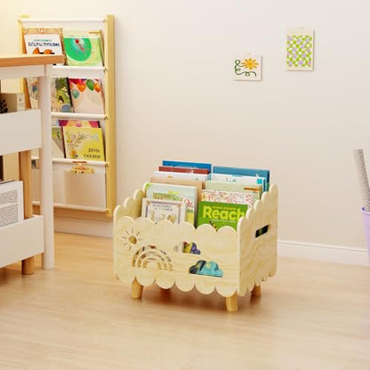 Wood Kids Bookshelf, Montessori Bookshelf, With 2 Adjustable Dividers, Suitable Kids Rooms, Nursery & Classroom, Kids Bookshelf And Toy Storage, Toddler Book Rack, Nursery Book Shelves, Kids Bookcase - color: Wood Color(stationary)