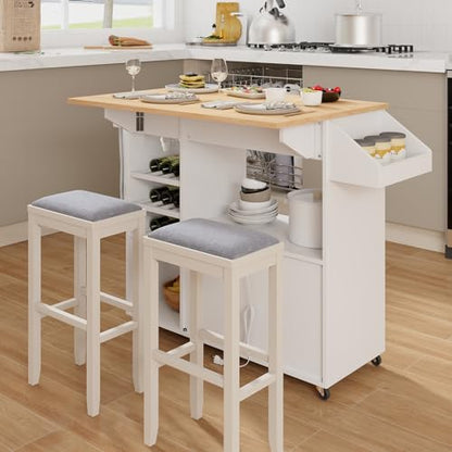 Giantex Rolling Kitchen Island Cart with Drop Leaf, Power Outlet, Spice Rack, 12 Wine Rack, Glass Holder, Drawer, Storage Cabinet, Towel Rack, Island Table for Breakfast Coffee Bar (White & Natural) - color: White & Natural