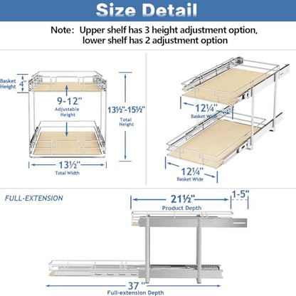 ROOMTEC 2 Tier Individual Pull Out Cabinet Organizer 13½"W x 21½"D, Slide Out Wood Shelves Organizers, Pull Out Drawers Organization and Storage for Kitchen Cabinet - size: 13½" W x 21½" D