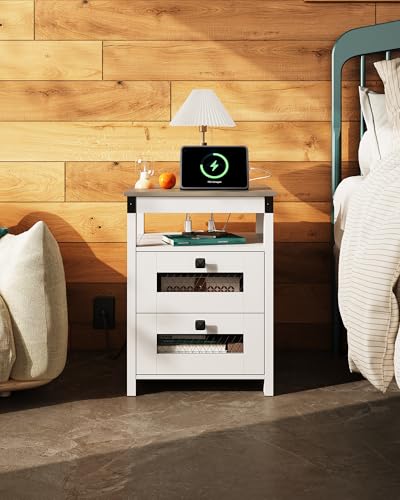 WLIVE Nightstand with Charging Station, Farmhouse End Table, Bed Side Table with 2 Storage Drawers and Open Shelf, Wood Rustic Nightstands for Bedroom, White and Greige - color: Greige and White, style: Farmhouse