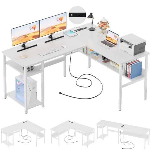 Unikito Reversible L Shaped Computer Desk with Magic Power Outlets and USB Charging Ports, Sturdy Corner Desk with Storage Shelves, Durable Work Desk for Home Office, Easy to Assemble, White - color: Pure White