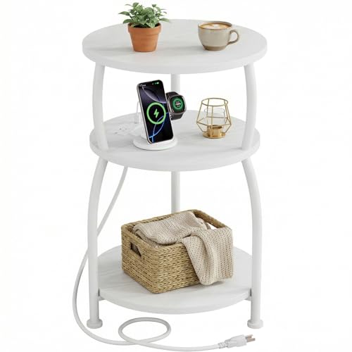 Round Side Table with Power Outlet, USB Type C Port, 3-Tier End Table | 15.7 in Nightstand for Small Spaces, Tall Side Table with Charging Station for Sofa Couch, Living Room Bedroom, Garden, White - color: White, size: 15.7''Dia with Power Strip