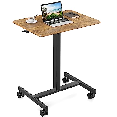 DUMOS Small Rolling Standing Desk on Wheels Adjustable Height | Mobile Portable Rolling Laptop PC Table, Computer Workstation for Home Office Small Space, 19 Inch, Brown - color: Brown, size: 19"D x 25.7"W x 42.5"H