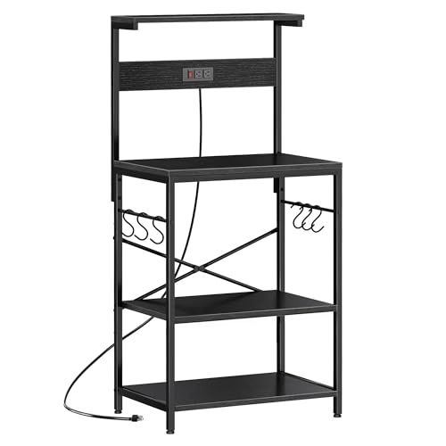 SUPERJARE Kitchen Bakers Rack with Power Outlet, Coffee Bar Table 4 Tiers, Kitchen Microwave Stand with 6 S-shaped Hooks, Storage Shelf Rack for Spices, Pots and Pans - Black - color: Black, size: 23.6 inch
