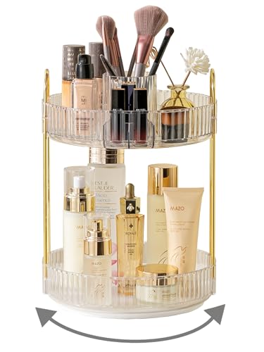 Asayuee 360 Rotating Makeup Organizer,2 Tier Large Capacity Make Up Organizers and Storage,Skincare Perfume Vanity Organizers,Bathroom Cosmetics Storage Organizer Countertop(Clear) - color: White, size: New-2 Tier