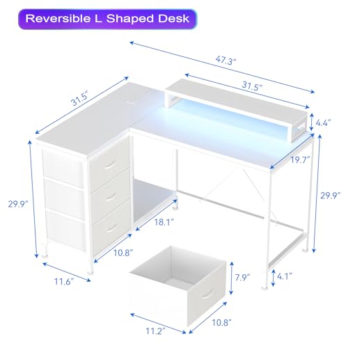 Patikuin L Shaped Desk with Power Outlets & LED Lights, Computer Desk with Drawers & Shelves, Corner Desk Gaming Desk Home Office Desk, White - color: White