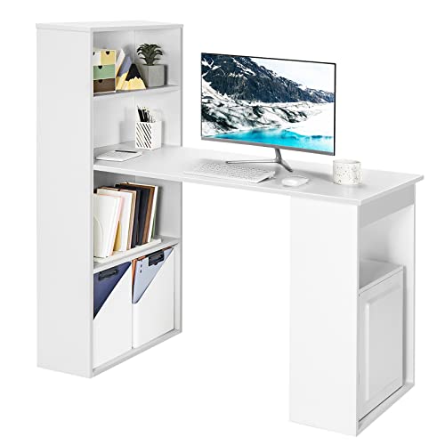 AUGESTER Computer Desk with Bookcase, Desk Bookshelf Cabinet 3 in 1 Functional Table, Compact Computer Workstation with Storage Shelf and CPU Holder, Suitable for Home & Office (White)