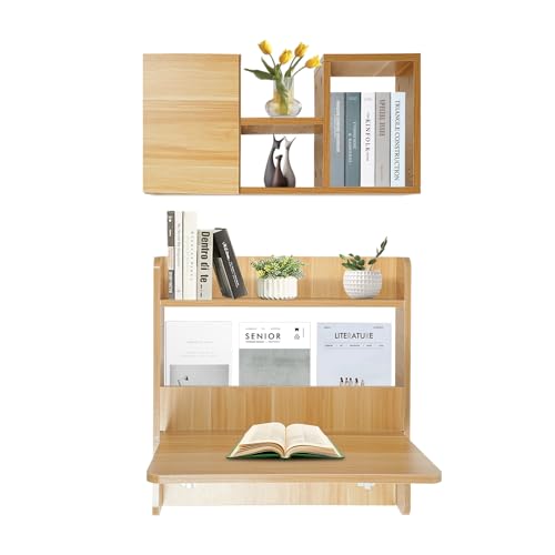 Wall Mounted Bookshelf with Moveable Cabinets, Multifunctional Folding Floating Desk, Fold Down Laptop Table with Storage Shelves for Bedroom Study Room Space Saving Small Space Garage (Light Walnut) - color: Light Walnut