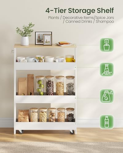 CHOEZON Slim Storage Cart with Wheels, 5.5" Narrow 4-Tier Rolling Cart, Multi-Purpose Utility Cart for Kitchen, Bathroom, Laundry Room, Living Room, White and Natural MTC02WN