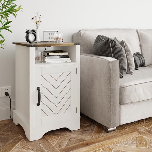 FansaFurn Farmhouse End Table with Charging Station for Bedroom | White and Rustic Oak Rustic Nightstands with Storage Cabinet and Shelf for Living Room, Living Room - color: White and Rustic Oak, size: 16" D x 16" W x 25" H (Set of 1)