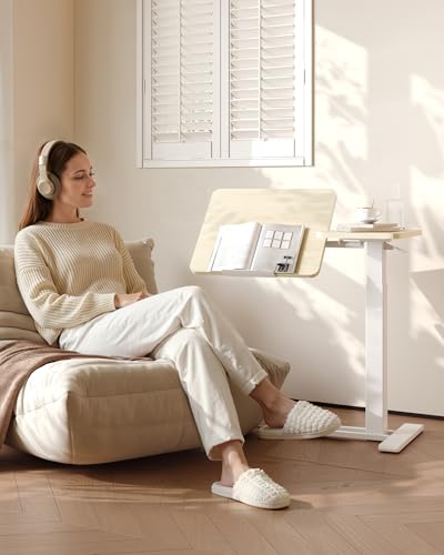 FLEXISPOT Adjustable Height C-Shaped End Table with Split Tilting Top – Mobile Side Table for Sofa & Bedside, Slides Under Furniture, Hidden Wheels for Small Spaces(31.6"W x 15.7"D,White Wood Grain) - color: White Wood Grain, size: 31.6"W x 15.7"D