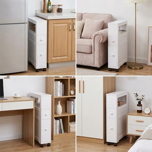 HOMCOM 6.25" x 20.5" x 28.25" Wood Rolling Narrow Bathroom Side Storage Cabinet - White - color: White