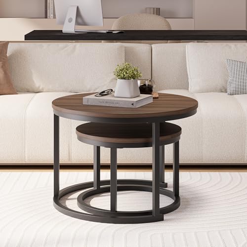HOJINLINERO Round Nesting Coffee Table Set of 2,Walnut Coffee Table,Large | Center Table for Living Room,Small Apartment,Small Space,Stacking Side Tables,Wood Tabletop,Sturdy and Easy to Assemble - color: Walnut, size: Large