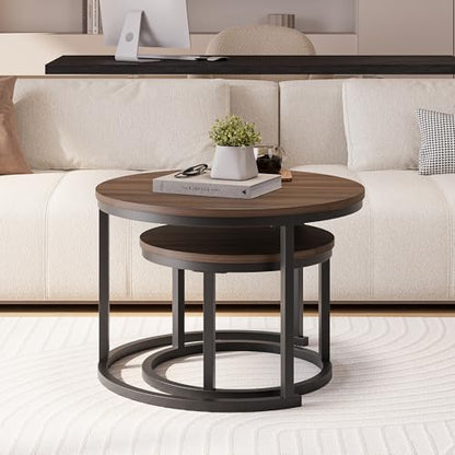 HOJINLINERO Round Nesting Coffee Table Set of 2,Walnut Coffee Table,Large | Center Table for Living Room,Small Apartment,Small Space,Stacking Side Tables,Wood Tabletop,Sturdy and Easy to Assemble - color: Walnut, size: Large