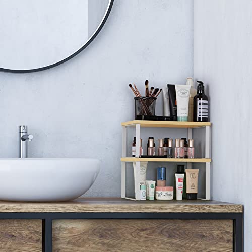 Counter Shelves Set of 4 Stackable Kitchen Cabinet Organizer Shelf and Expandable Wood Countertop Shelves for Bathroom Study Room, White | Expandable Wood Countertop Shelves, for Bathroom, Study Room, Home Office - color: White