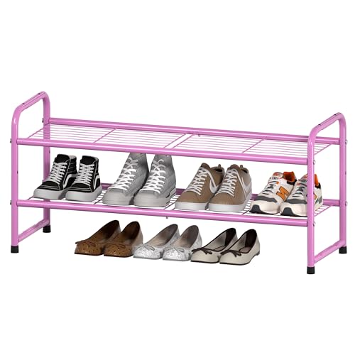 SUFAUY 2 Tier 33" Wide Shoe Rack, Closet Metal Wire, Stackable, Pink - color: Pink