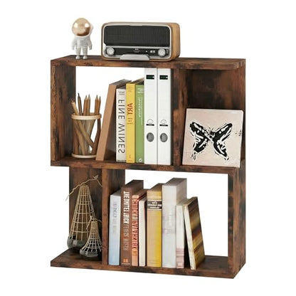 22’’ H Geometric Bookshelf, 2-Tier S-Shaped Floor Bookcase, Freestanding Open Display Book Shelf for Small Spaces, Low Side Table for Living Room & Bedroom (1, Rustic Brown) - color: Rustic Brown