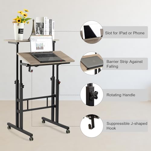 Hadulcet Mobile Standing Desk Adjustable Height with Charging Station | Standing Computer Desk, Standing Adjustable Laptop Cart with Wheels for Home Office Classroom Light Grey - color: Light Grey, size: 23.6" With Charging Station
