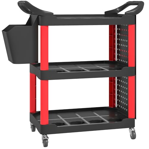 HOMCOM 3 Tier Utility Cart on Wheels, Rolling Tool Storage with Pegboards and Bucket, 200 LBS Load Capacity Plastic Service Cart for Garage, Warehouse, Workshop, Black and Red - color: Black and Red, size: 39" W x 16.9" D x 38.2" H