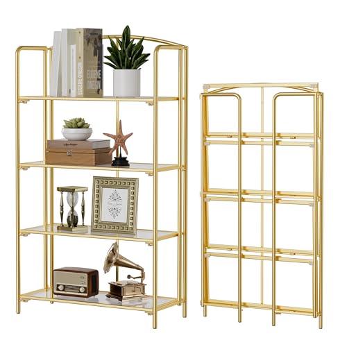 Crofy 4-Tier Wider Foldable Bookshelf, Gold Frame & Transparent Shelves | No-Assembly Collapsible Portable Storage Organizer; Sturdy Transparent Shelves; Ideal for Living Room & Home Office - color: Gold Frame & Transparent Shelf, size: 4 Tier Wider