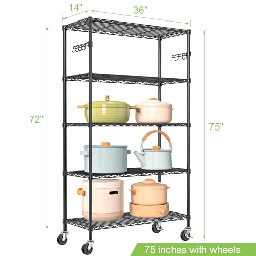 5 Tier Wire Metal Shelving Rack Garage Storage Rolling Shelves with Wheels | Heavy Duty Adjustable Industrial Shelve Steel Sturdy Utility Shelving for Kitchen Garage Pantry Bathroom Laundry - size: 5-Tier Metal Shelf（36L x 14W x 75H）