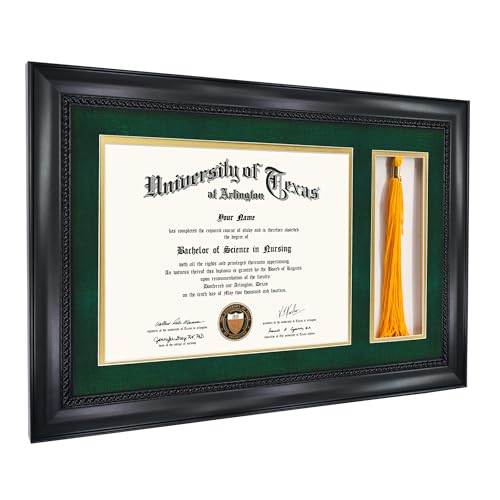 GMFrames 8.5x11 Diploma Frame with Tassel Holder, Solid Wood & Tempered Glass, Green over Gold Mat, Black Finish with Intricate Black Rope Detail - color: Black / Green Gold Mat, size: 11x17 for 8.5x11 with Tassel