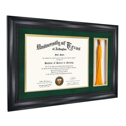 GMFrames 8.5x11 Diploma Frame with Tassel Holder, Solid Wood & Tempered Glass, Green over Gold Mat, Black Finish with Intricate Black Rope Detail - color: Black / Green Gold Mat, size: 11x17 for 8.5x11 with Tassel